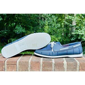 NWOT SWIMS Men's Size 12 Boat Loafers Laced Waterproof Washable Shoes Blue/White